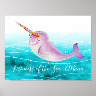 Poster Baby narwhal rainbow underwater watercolor name