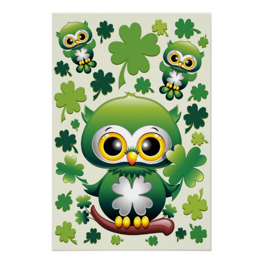 Poster Baby Owl Cute St Patrick Cartoon (Devant)