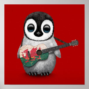 Poster Baby Penguin Jouer Gallois Drapeau Guitare Rouge