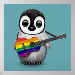 Poster Baby Penguin Jouer Rainbow drapeau guitare bleu