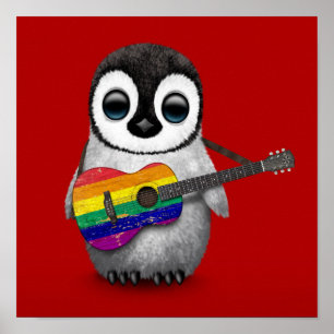 Poster Baby Penguin Jouer Rainbow drapeau guitare rouge