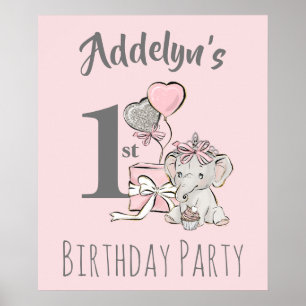 Poster Baby Princess Elephant Girl rose Grey 1er annivers