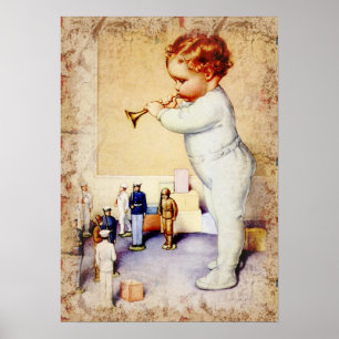 Poster Baby-robot à tête rouge soufflant la corne aux sol