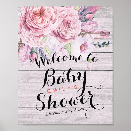Poster Baby shower Accueil Aquarelle Florale Bois rustiqu (Devant)
