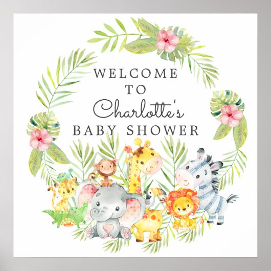 Poster Baby shower Animaux de la Jungle Bienvenue (Devant)