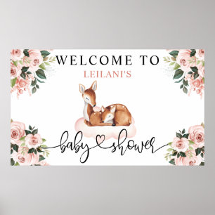 Poster Baby shower Aquarelle Cerf Rose Floral Bienvenue