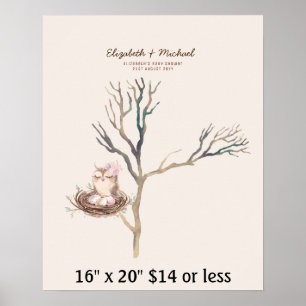 Poster Baby Shower Arbre Empreintes Fleur Eau Nid de Hibo