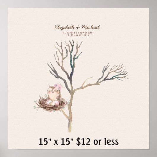 Poster Baby Shower Arbre Empreintes Fleurs Nid de Hibou A (Devant)