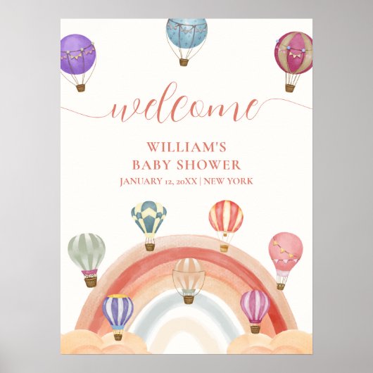 Poster Baby shower arc-en-ciel Cute Hot Air Balloon Bienv (Devant)