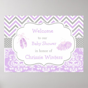 Poster Baby shower Ballerina violet et gris Chevron