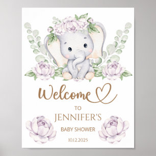 Poster Baby shower bébé éléphant et fleurs Bienvenue