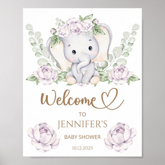 Poster Baby shower bébé éléphant et fleurs Bienvenue (Devant)