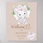 Poster Baby shower bébé éléphant et fleurs Bienvenue (Devant)