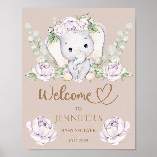 Poster Baby shower bébé éléphant et fleurs Bienvenue (Devant)