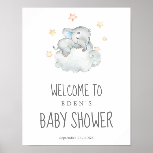 Poster Baby shower bébé petit éléphant couchage accueil (Devant)