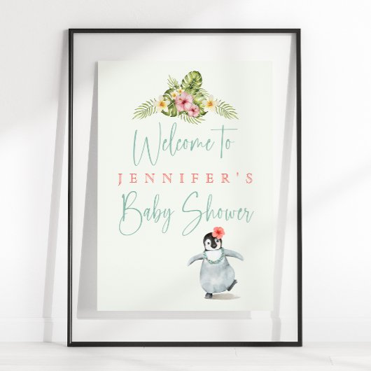 Poster Baby shower bébé rose Pingouin Tropical
