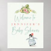 Poster Baby shower bébé rose Pingouin Tropical (Devant)