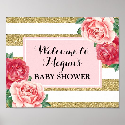Poster Baby shower Bienvenue Blush or rose floral (Devant)