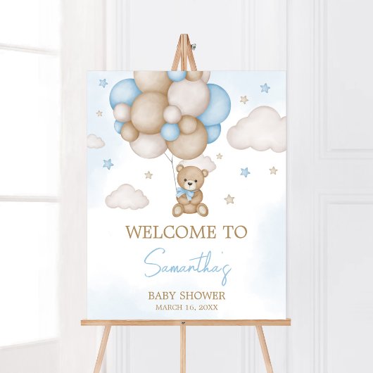 Poster Baby shower Bleu Bear Balloon Bienvenue