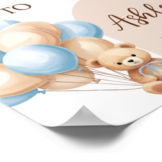 Poster Baby shower Bleu Boho Bear Balloon Bienvenue (Coin)