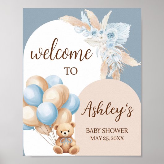 Poster Baby shower Bleu Boho Bear Balloon Bienvenue (Devant)