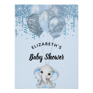 Poster Baby shower bleu clair éléphant garçon ballons