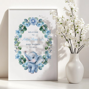 Poster Baby shower bleu éléphant - Aquarelle