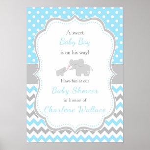 Poster Baby shower bleu et gris éléphant