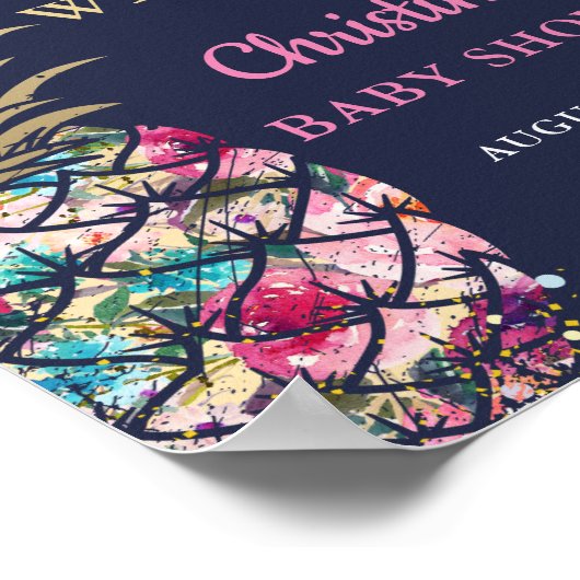 Poster Baby shower bleu marine à ananas tropical rose (Coin)