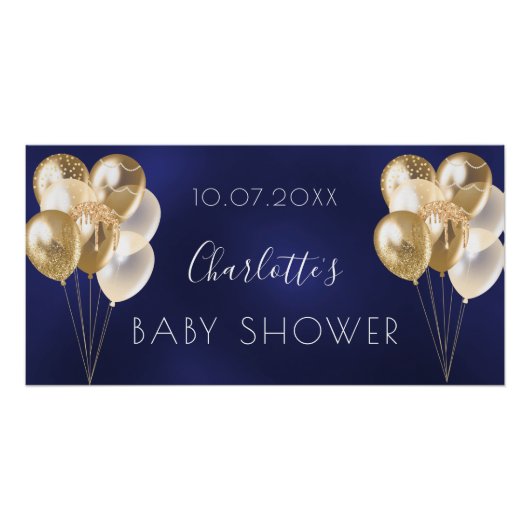 Poster Baby shower bleu marine ballon or garçon (Devant)
