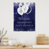 Poster Baby shower bleu marine ballons blancs bienvenue (Cuisine)