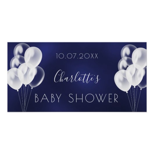 Poster Baby shower bleu marine garçon blanc ballons (Devant)