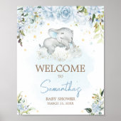 Poster Baby shower Blue Floral Elephant Bienvenue (Devant)