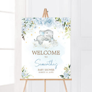 Poster Baby shower Blue Floral Elephant Bienvenue
