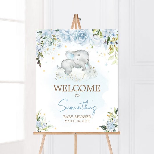 Poster Baby shower Blue Floral Elephant Bienvenue