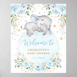 Poster Baby shower Blue Gold Floral Elephant Boy Bienvenu