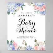 Poster Baby shower Blue Hydrangeas and Pink Roses Welcome (Devant)