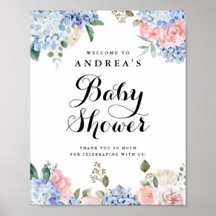 Poster Baby shower Blue Hydrangeas and Pink Roses Welcome