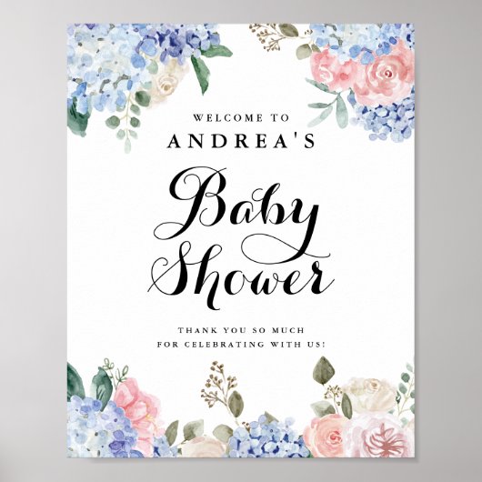 Poster Baby shower Blue Hydrangeas and Pink Roses Welcome (Devant)