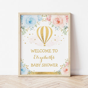 Poster Baby shower Blue Pink Hot Air Balloon Bienvenue