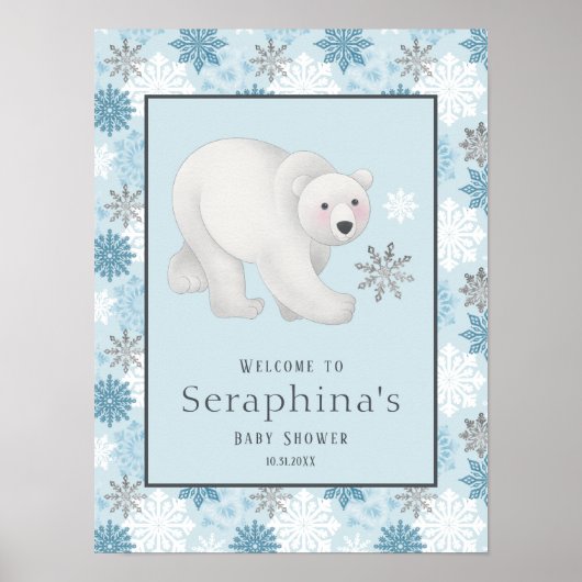 Poster Baby shower Blue Winter Polar Bear Bienvenue (Devant)