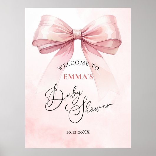 Poster Baby shower Bow Coquette Aquarelle Bienvenue (Devant)