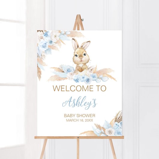 Poster Baby shower Bunny Boho Bleu Bienvenue
