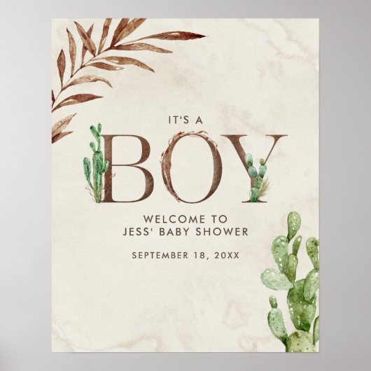 Poster Baby shower Cactus Leather Boy Bienvenue (Devant)