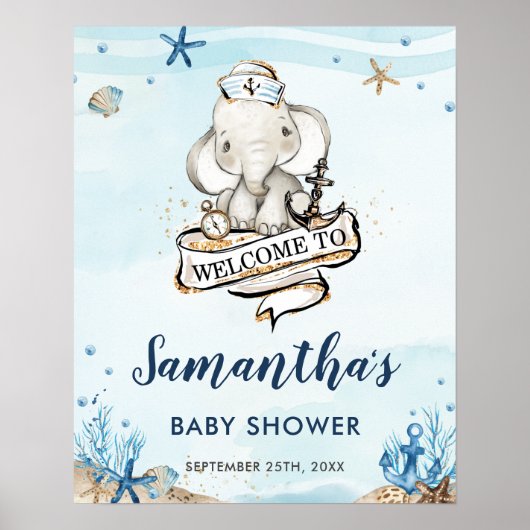 Poster Baby shower chic Nautique Elephant Boy Bienvenue (Devant)