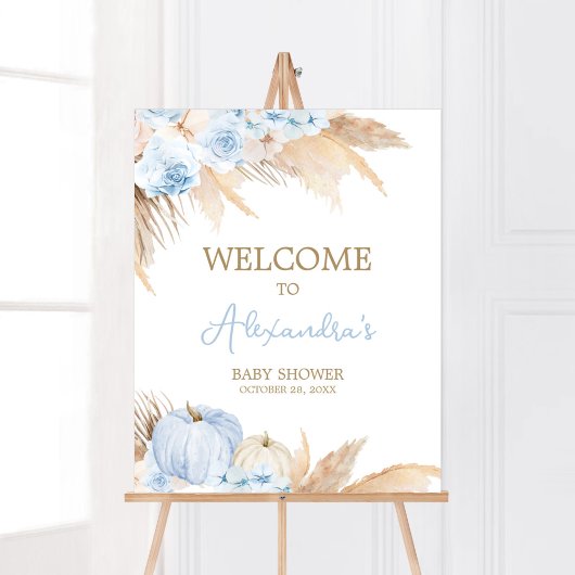 Poster Baby shower Citrouille Boho bleu Bienvenue