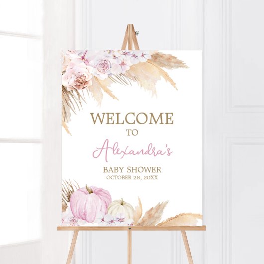 Poster Baby shower Citrouille Boho rose Bienvenue