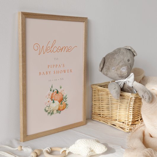 Poster Baby shower Citrouille rose et orange Bienvenue