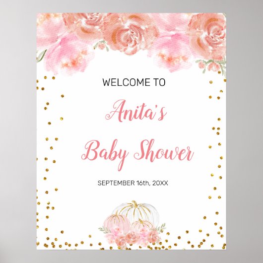 Poster Baby shower citrouille rose fleuri Panneau de bien (Devant)