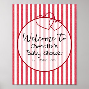 Poster Baby Shower Cœurs Doubles Rayures de Craie Rouge M
